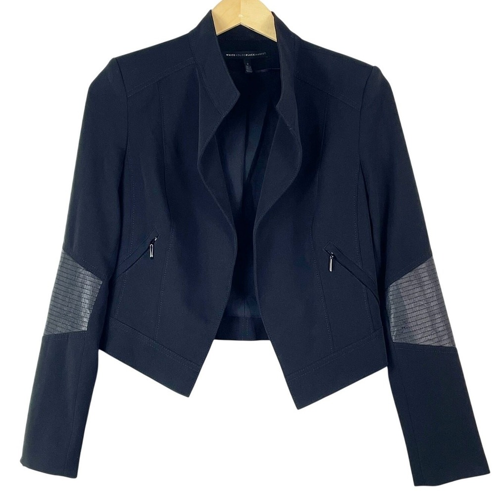 WHBM 2000s Women's Black Faux Leather Cropped Blazer Jacket Sz 2 Indie Sleaze